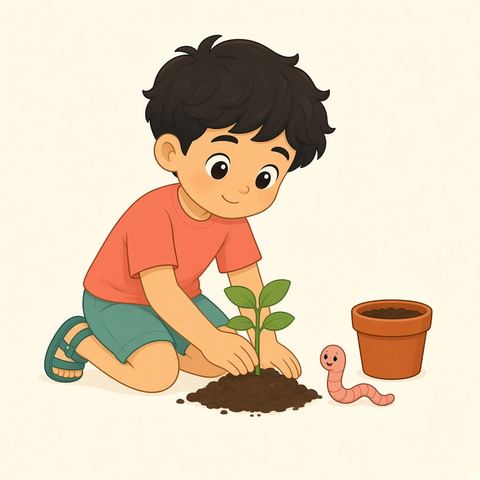 Kai, a boy in an orange T-shirt, planting a seedling