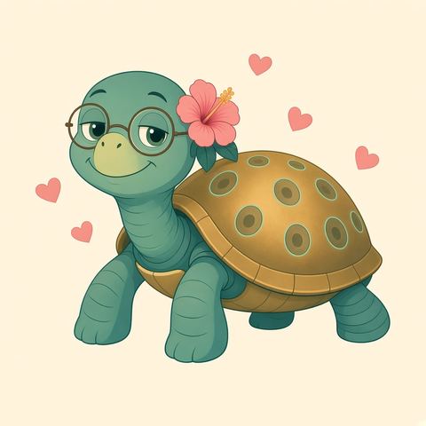 Tula, a smiling sea turtle with round glasses, a pink hibiscus and a handpan shell