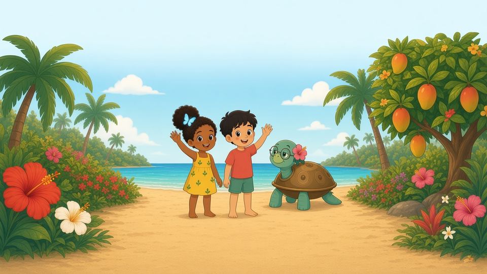 Lumi and Kai waving on a sunny beach next to Tula the sea turtle, with hibiscus flowers and palm trees