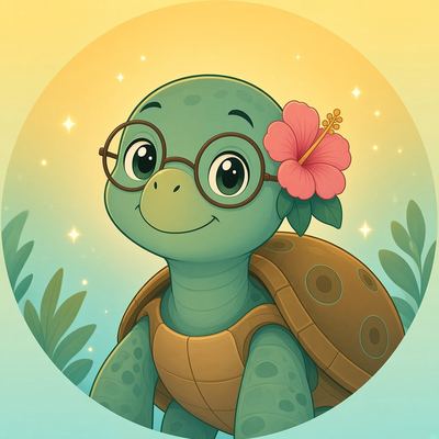 Tula the sea turtle with round glasses and a pink hibiscus